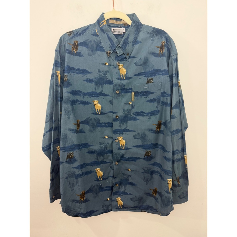 Columbia River Lodge Mens Medium Blue Dog Print Cotton Button Down Shirt HM7104